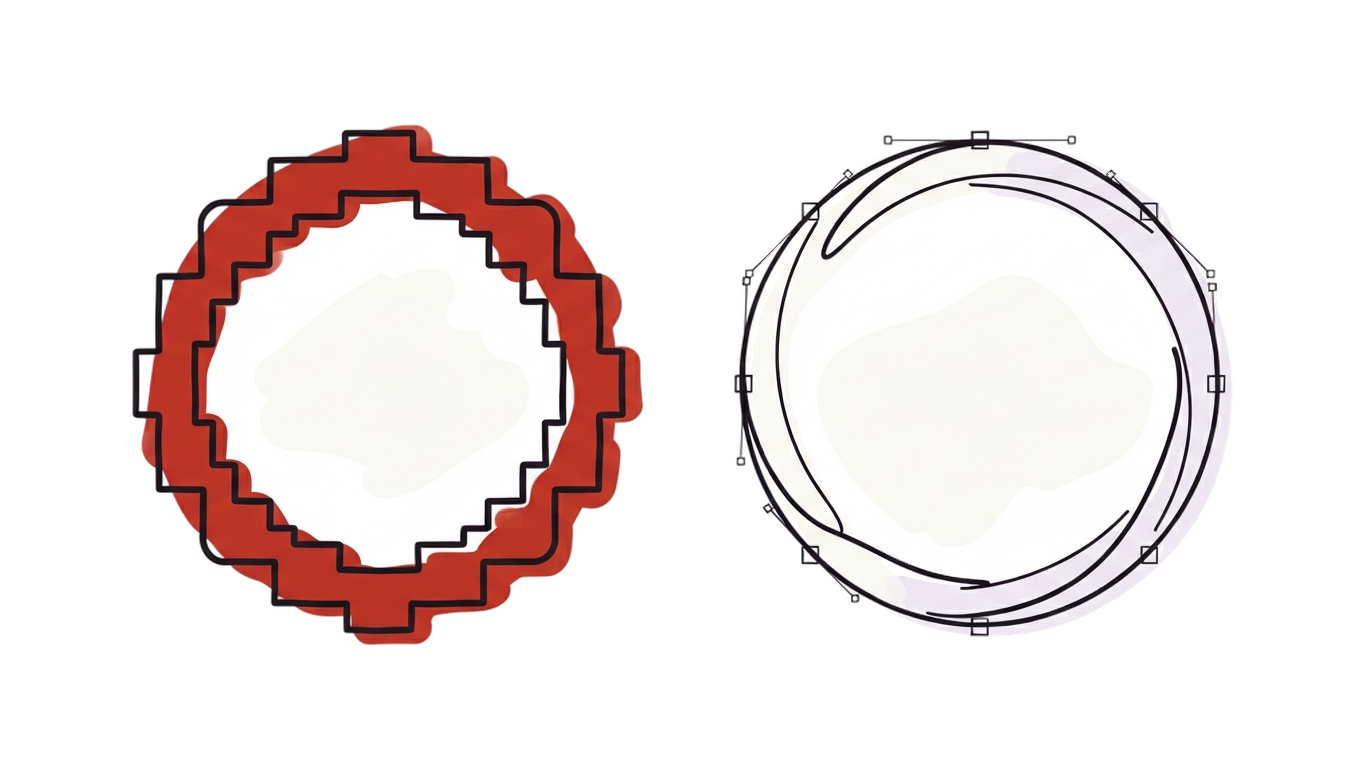 The same circular mark enlarged four times, twice. On the left its edge steps around the curve in square blocks, the grid the PNG was saved on. On the right the same edge is one smooth curve, with the anchor points and handles a tracer fitted to it still in place.