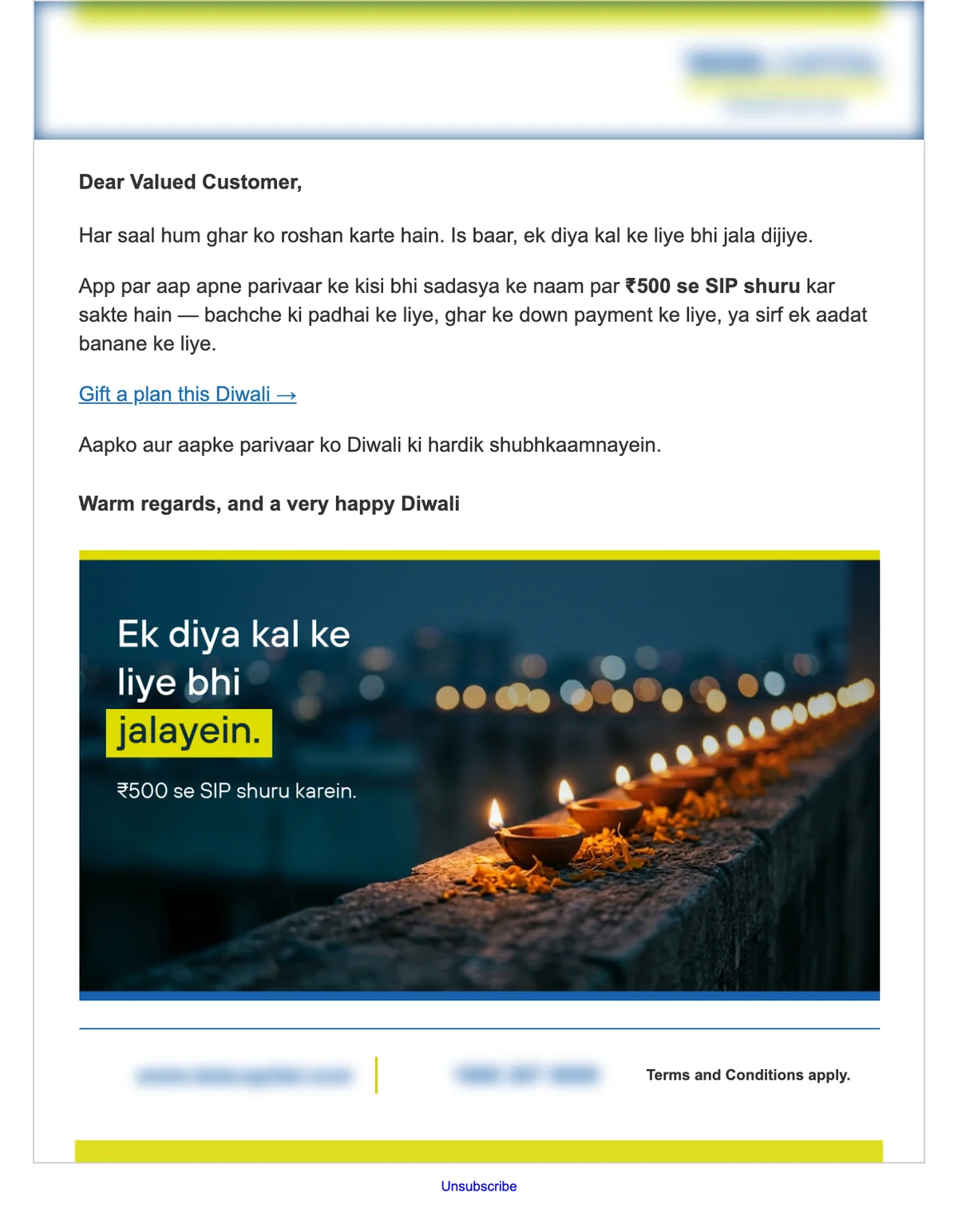 Diwali emailer in Hinglish with a photographic hero, body copy, mandatory disclaimer and the white contact footer