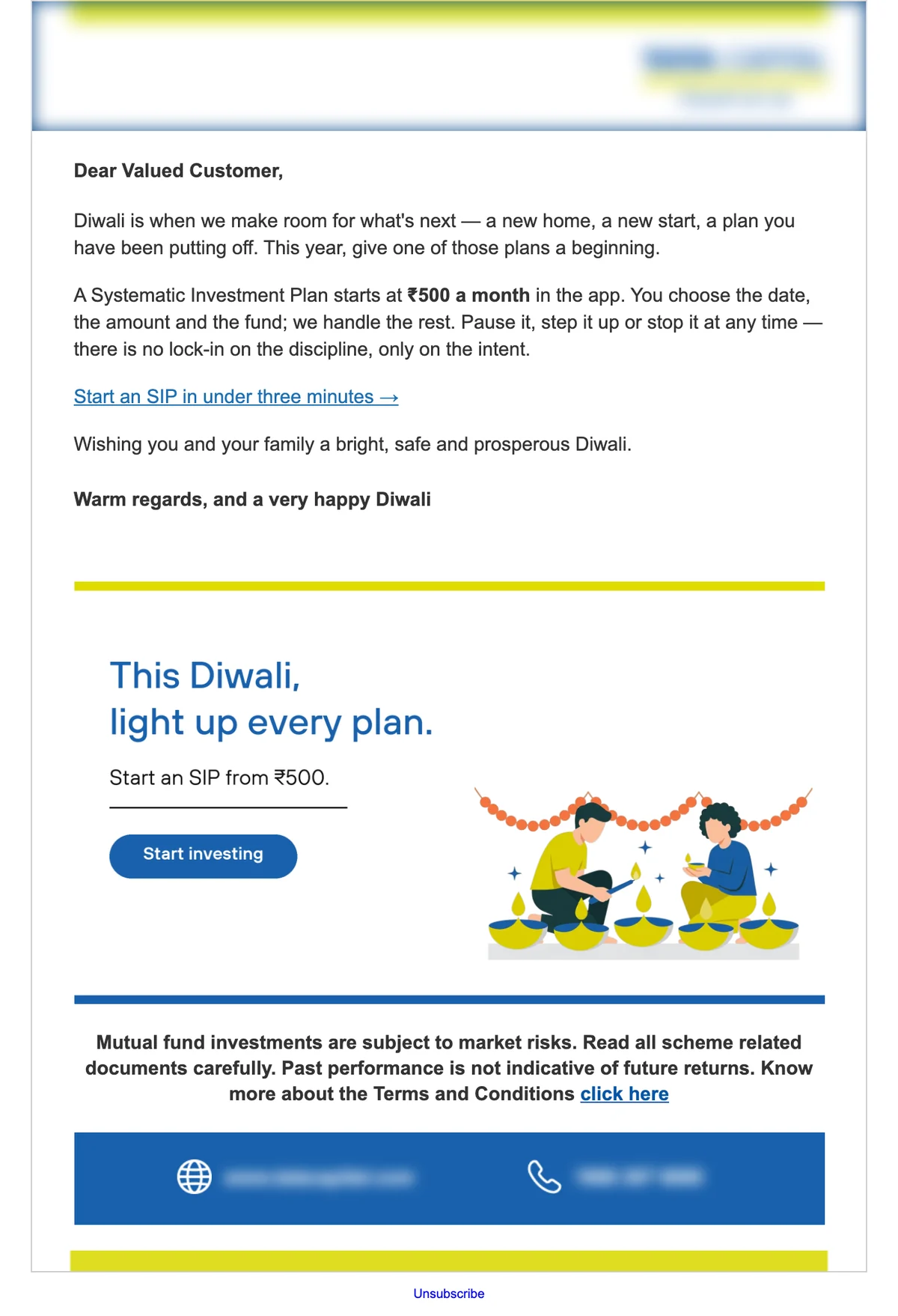 Diwali emailer in English with an illustrated hero, body copy, mandatory disclaimer and the blue contact footer