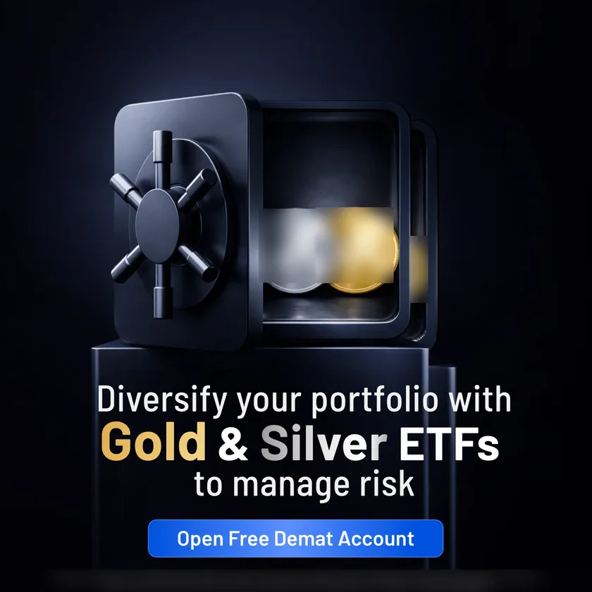 a vault holding gold and silver, under a headline about diversifying with gold and silver ETFs, delivered at 1:1.