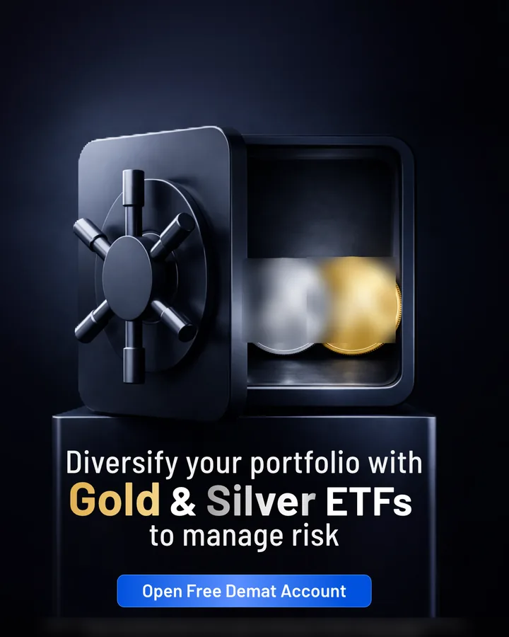 a vault holding gold and silver, under a headline about diversifying with gold and silver ETFs, delivered at 4:5.