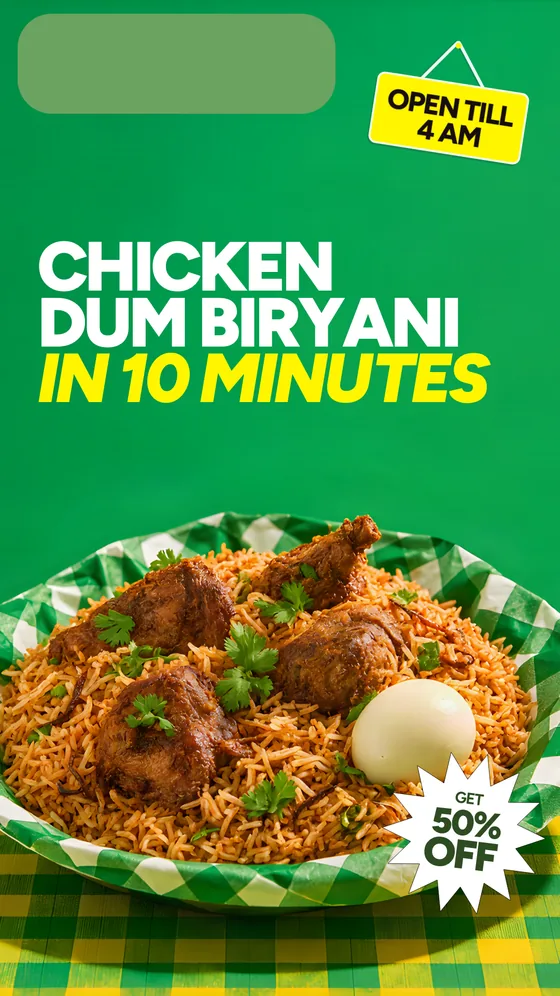 The chicken dum biryani SKU at 1080×1920: biryani under chicken and a boiled egg on a chequered paper plate, the copy gathered into the top third of a flat green wall.