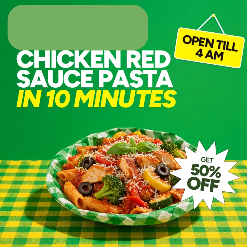 The 1:1 master for the chicken red sauce pasta SKU — penne in a red sauce under basil and olives, on a chequered paper plate, under the headline and the offer badge.