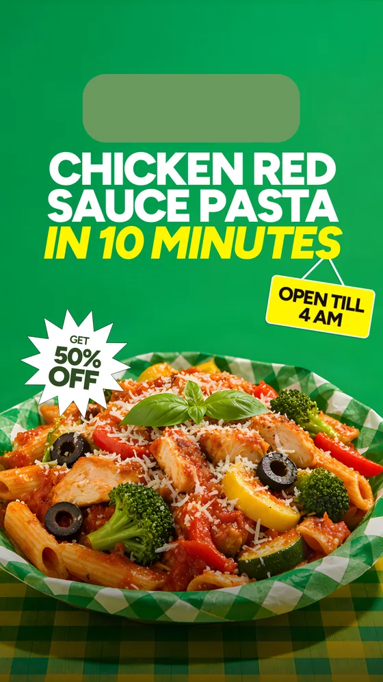 The chicken red sauce pasta SKU at 1080×1920, cut to the story safe area: copy and offer pulled clear of the top and bottom bands where a platform's own interface sits.