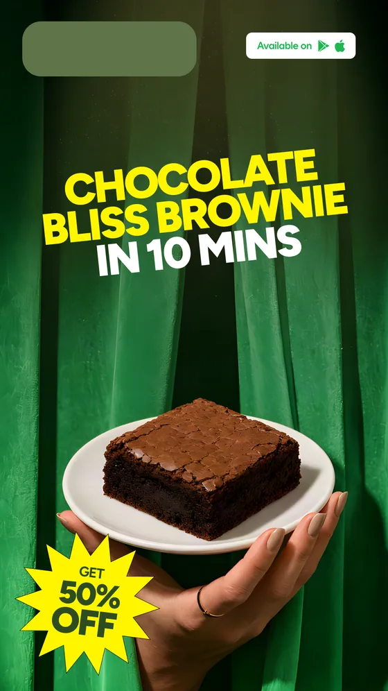 The chocolate bliss brownie SKU at 1080×1920: a brownie on a white plate against a lit green curtain, the yellow headline gathered into the top third.