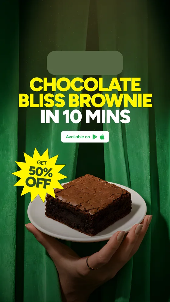 The same chocolate bliss brownie board at 1080×1920, cut to the story safe area: the yellow headline dropped clear of the top band and the offer lifted off the bottom one.