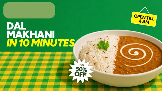 The dal makhani SKU at 1920×1080: dal makhani beside rice in a wide bowl on the right, the copy re-set beside it on the left.