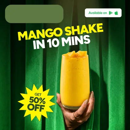 The mango shake SKU at its 1:1 master: the shake against the lit green curtain, under a yellow headline and a yellow starburst offer.