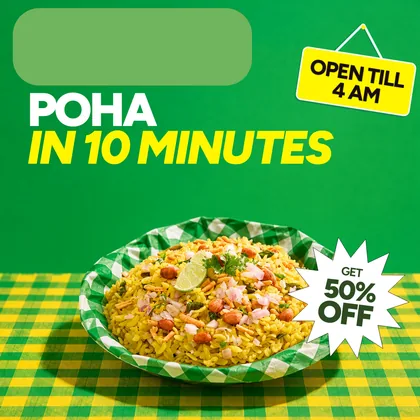 The poha SKU at its 1:1 master: poha with peanuts and a lime wedge on the same green wall, under the headline and the white starburst offer.